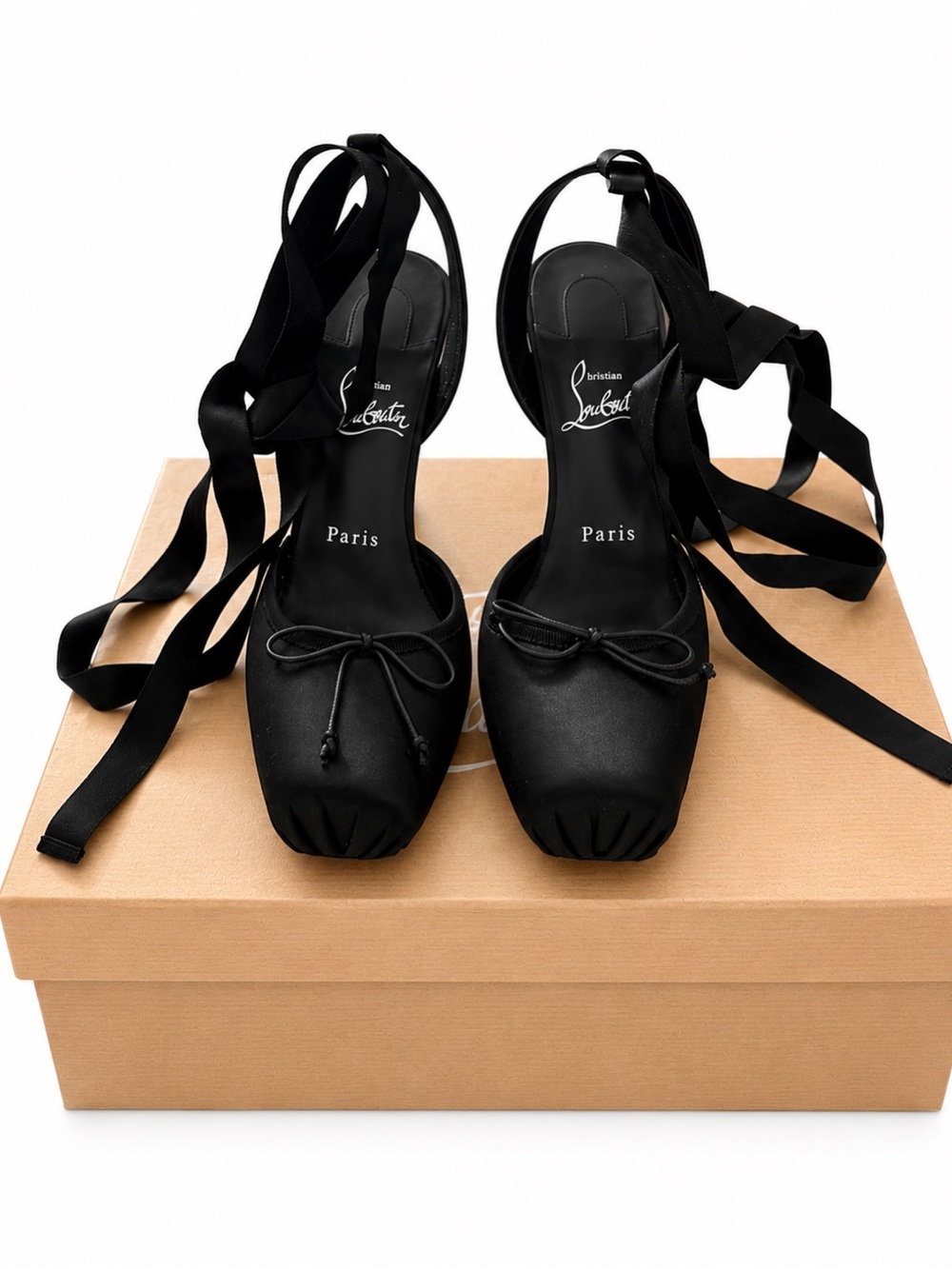 Christian Louboutin Black Satin Ankle-Tie Heels